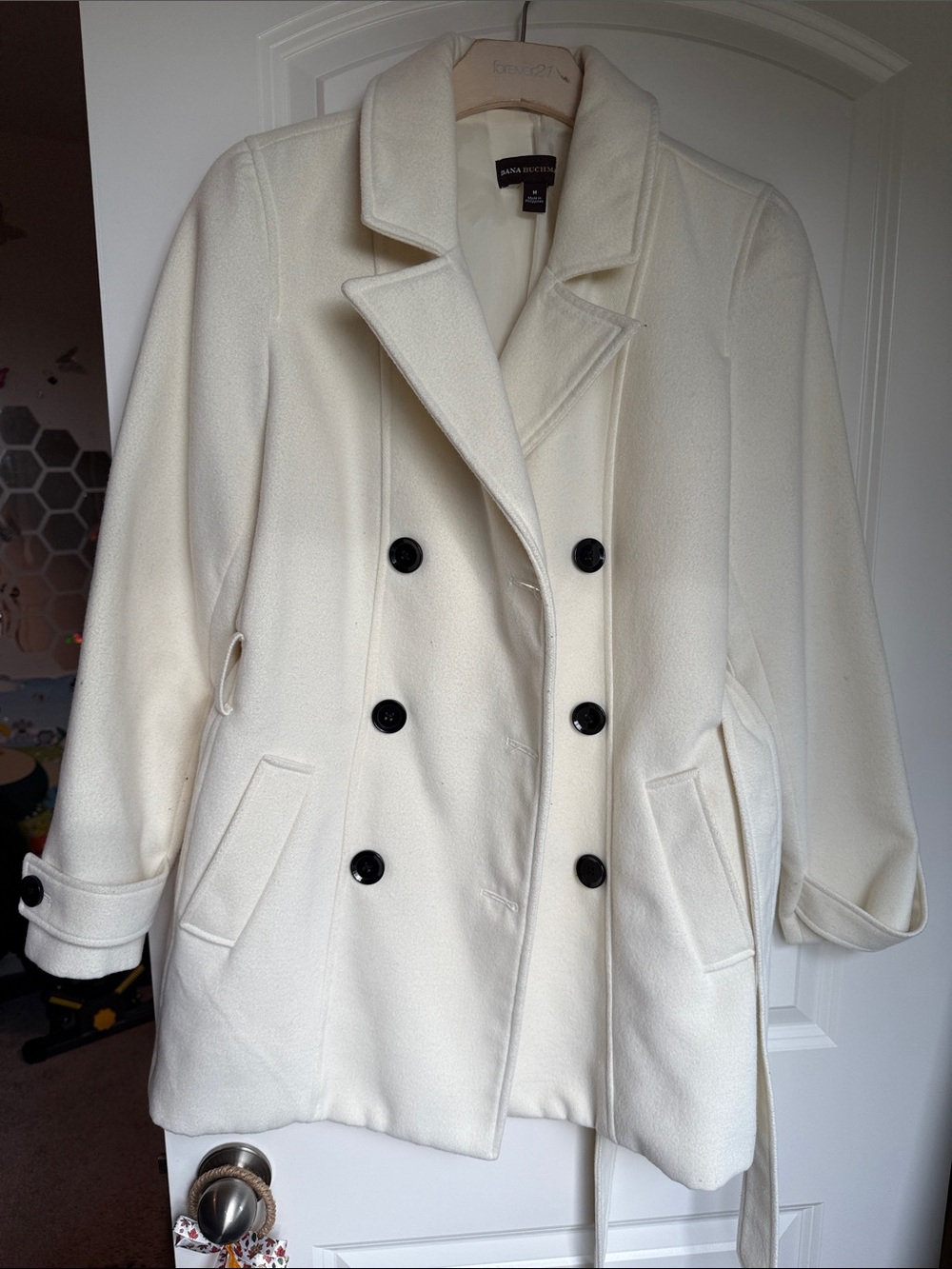 Dana Buchman Ivory Double-Breasted Peacoat with Black Buttons
